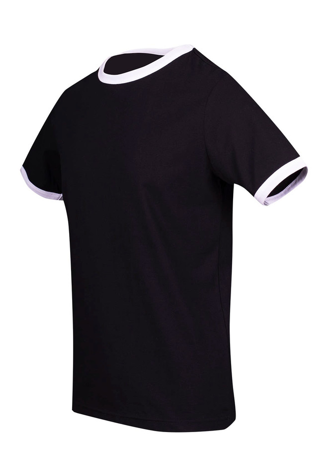 A black unisex ringer T-shirt with white collar and sleeve trim. It features a logo on the sleeve.