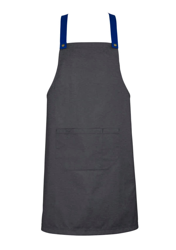 A grey apron with blue straps and a front pocket, featuring a branding logo on the straps.