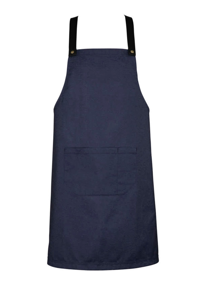 A navy blue apron with black straps featuring a front pocket and a logo on the strap.