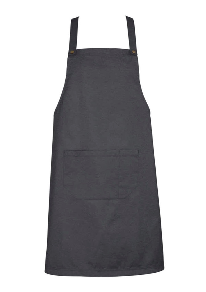 A dark grey bib apron featuring a front pocket and adjustable straps, with a small logo on one side.