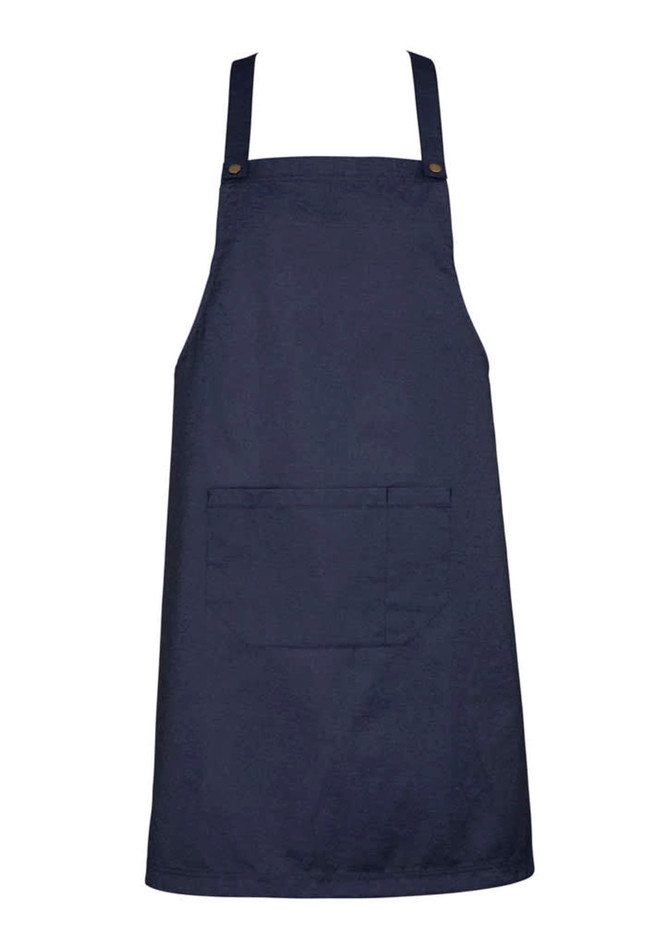 A navy blue bib apron featuring a front pocket and adjustable straps, with branding present.