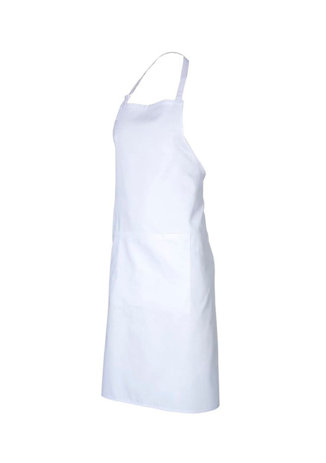 A white bib apron with a single pocket, featuring a simple design and an adjustable neck strap.