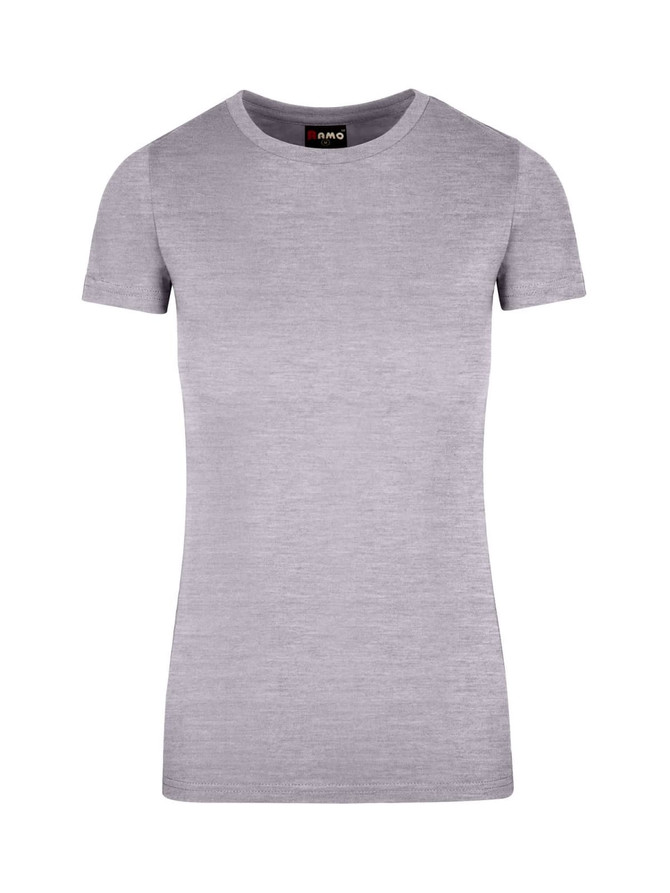 A women's grey American style T-shirt with a fitted design and short sleeves. It features a logo on the neckline.
