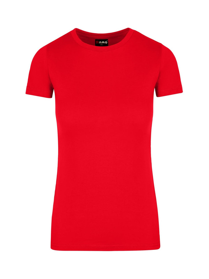 A red women's American style T-shirt with a short sleeve design and a logo on the neckline.