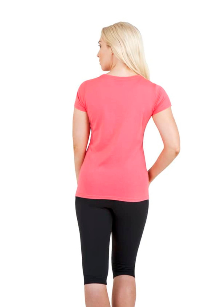 A fitted women's American style T-shirt in coral, paired with black capri leggings. It features a logo on the back.