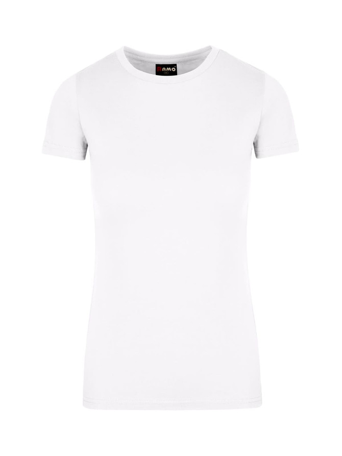 A women's short-sleeved T-shirt in white with a fitted design and a brand logo on the label.