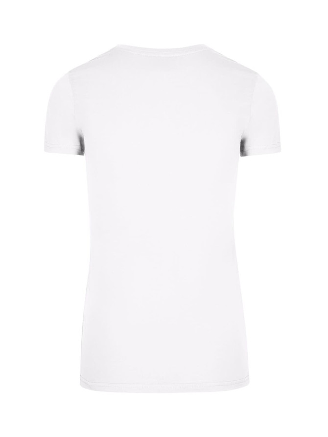 A white women's American style T-shirt with short sleeves and a plain back, featuring a logo.
