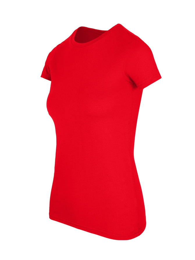 A red Women's American Style T-shirt with a fitted silhouette and short sleeves; features a logo.