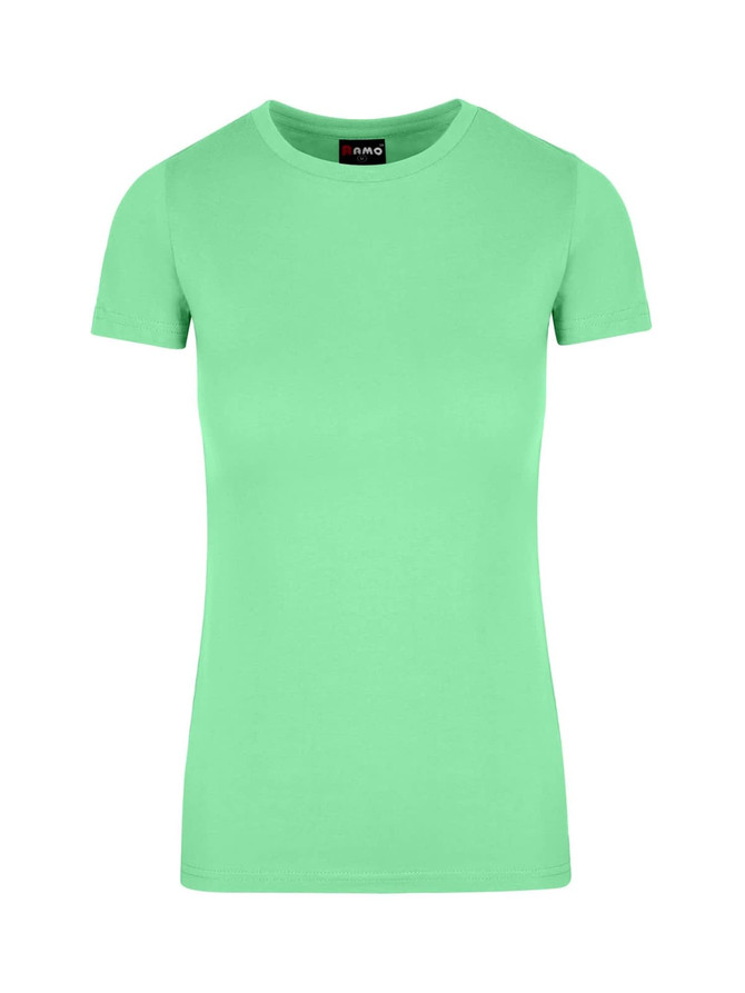 A mint green women's T-shirt with a classic crew neck and short sleeves, featuring a logo on the neckline.