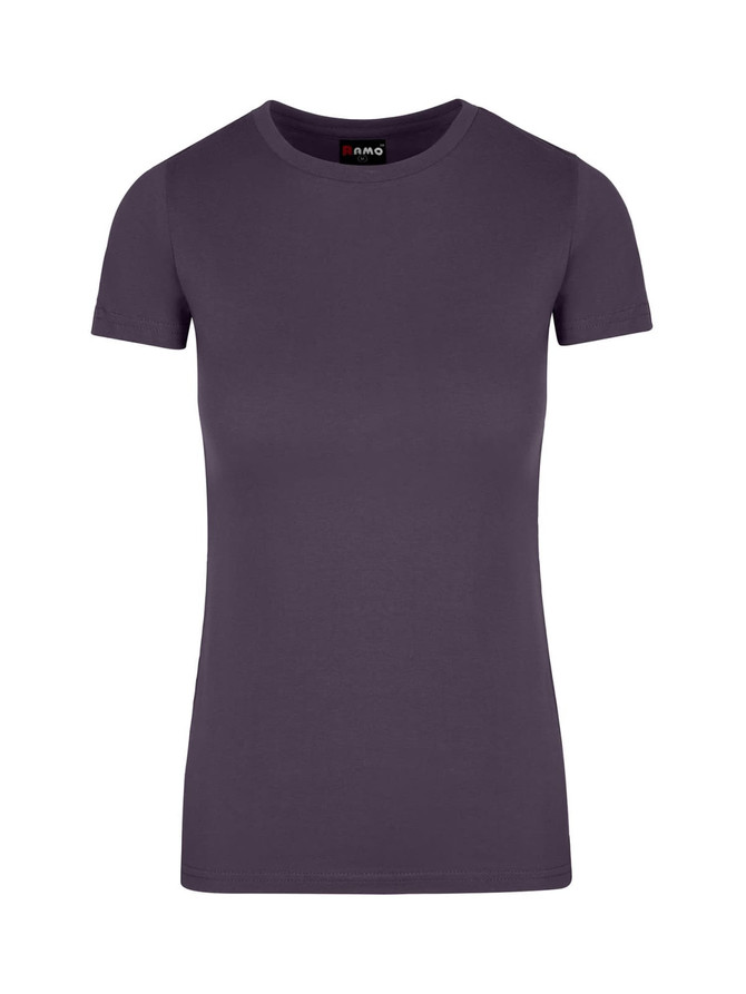 A women's short-sleeved T-shirt in a dark purple colour, featuring a round neckline and a logo on the label.