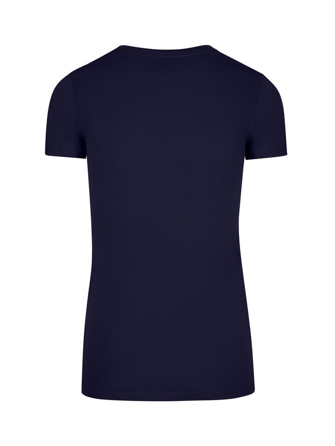 A navy women's T-shirt with short sleeves and a plain back design. It features a logo at the neckline.