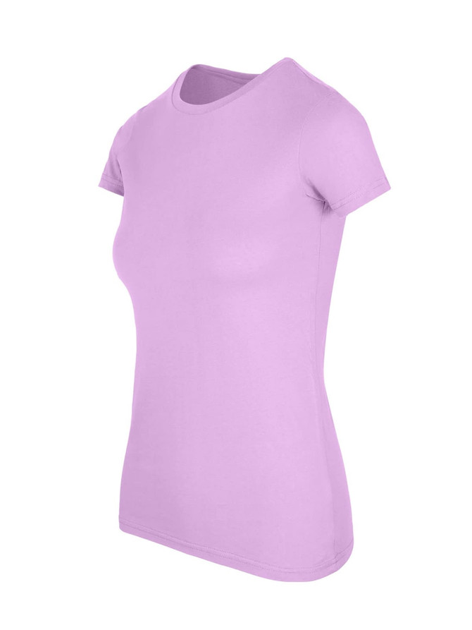 A lilac women's American style T-shirt with short sleeves and a fitted silhouette, featuring a logo.