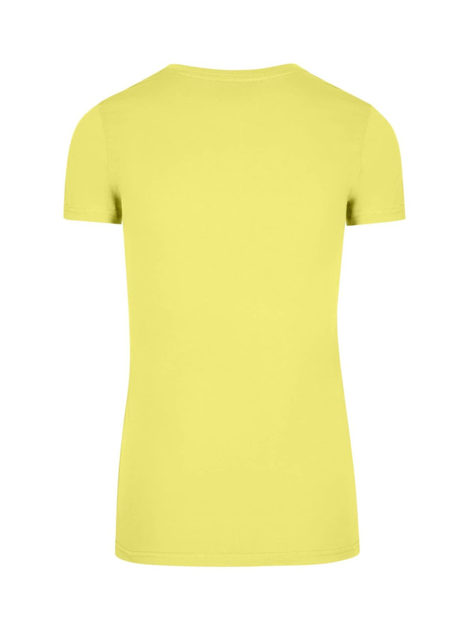 A short-sleeved women's T-shirt in bright yellow, featuring a plain back and a fitted design.