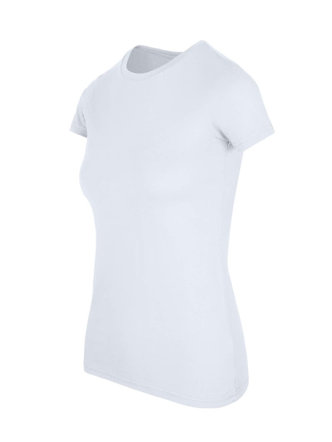 A light grey women's American style T-shirt with a classic crew neck and short sleeves, featuring a logo.