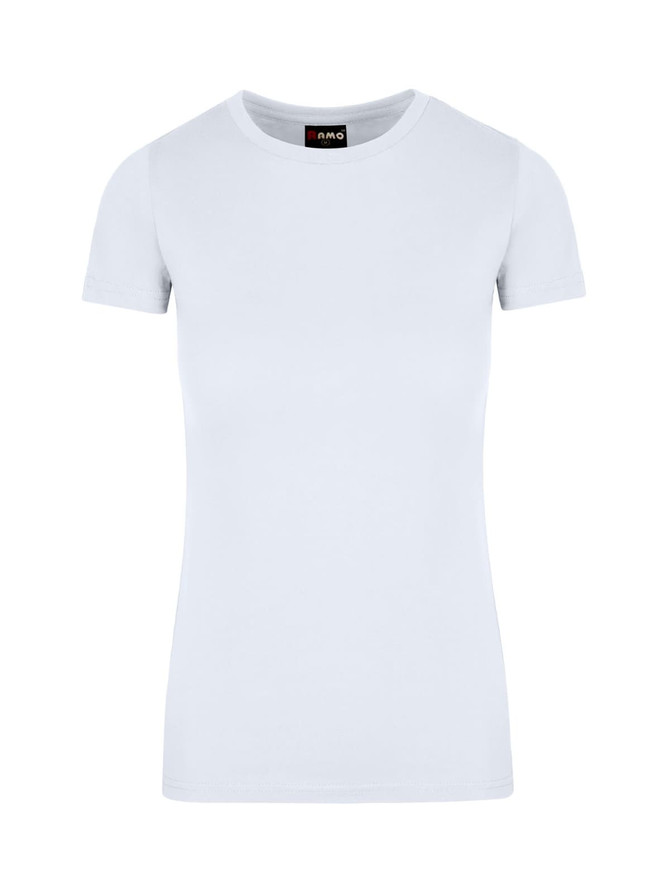A light blue women's T-shirt with short sleeves and a round neckline, featuring a logo on the label.