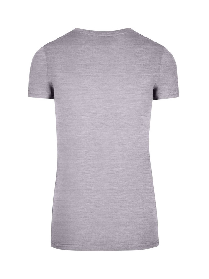 A grey women's American style T-shirt, featuring a classic round neckline and short sleeves, with a logo on the back.