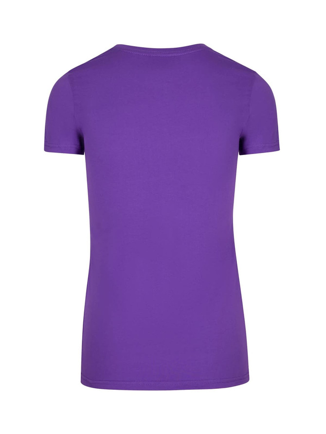 A purple women's American style T-shirt with a round neckline and short sleeves. Features a logo on the back.