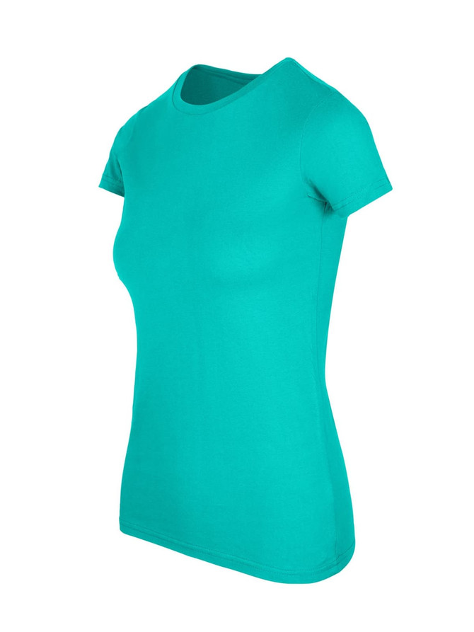 A women's t-shirt in a bright teal colour with a round neck and short sleeves. It has a logo on the side.