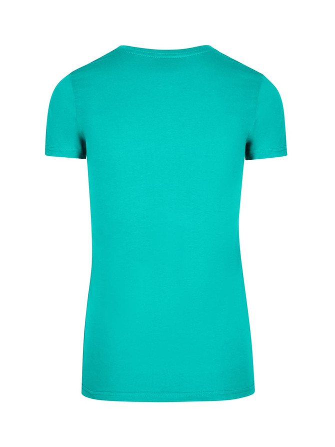A teal women's t-shirt with a crew neck and short sleeves, featuring a plain back without any logos.