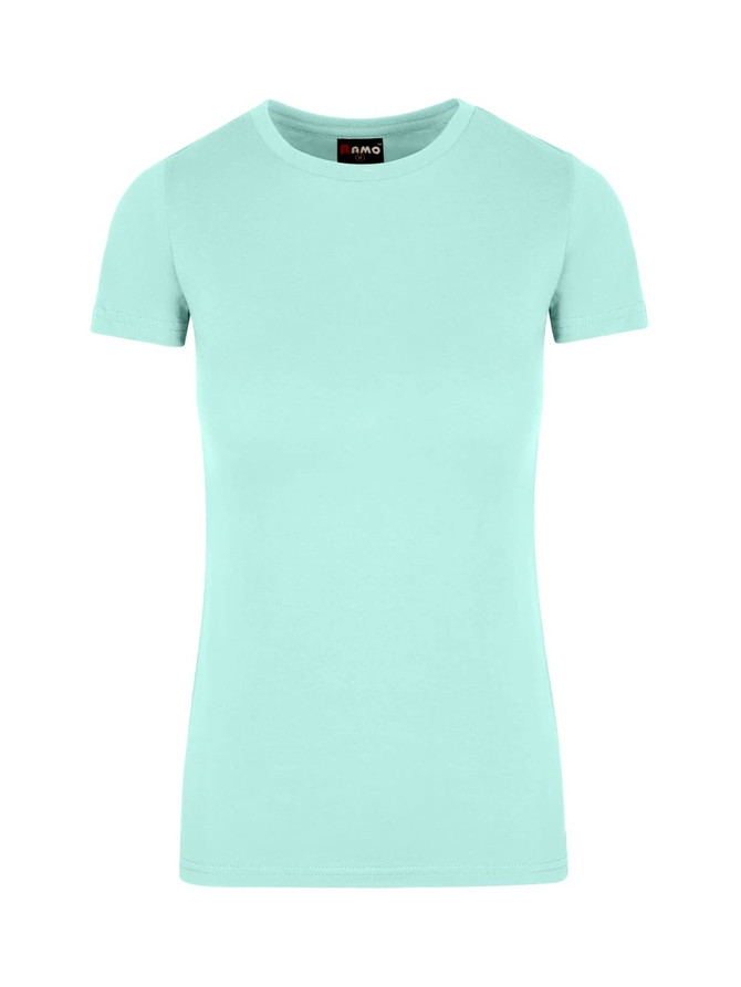 A mint green women's T-shirt with short sleeves, featuring a logo on the collar.