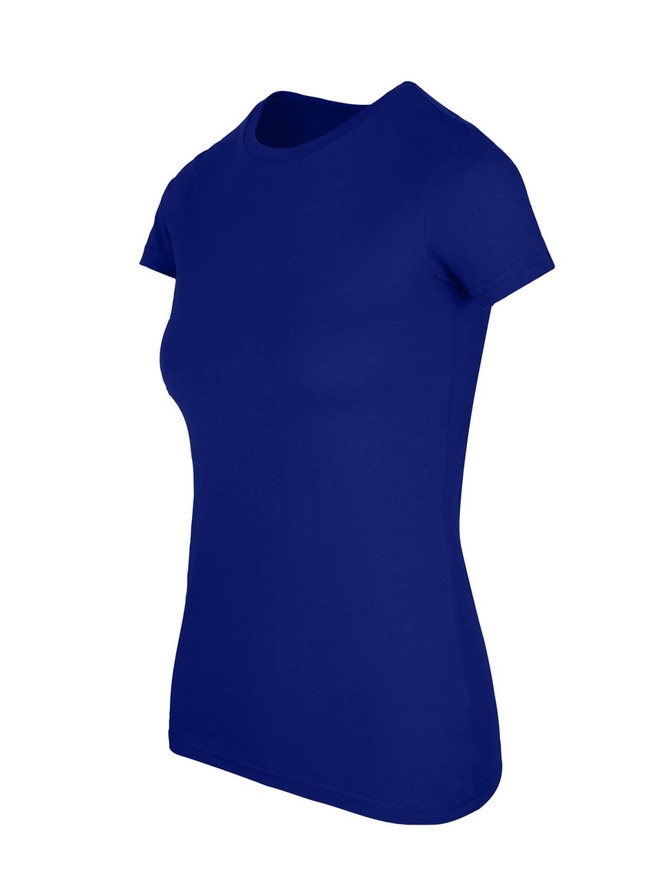 A fitted women's t-shirt in a deep blue colour, featuring a classic round neck and short sleeves.