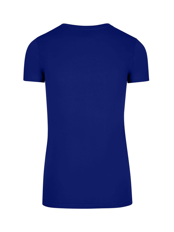 A women's short-sleeved T-shirt in solid navy blue with a round neckline and a blank back.