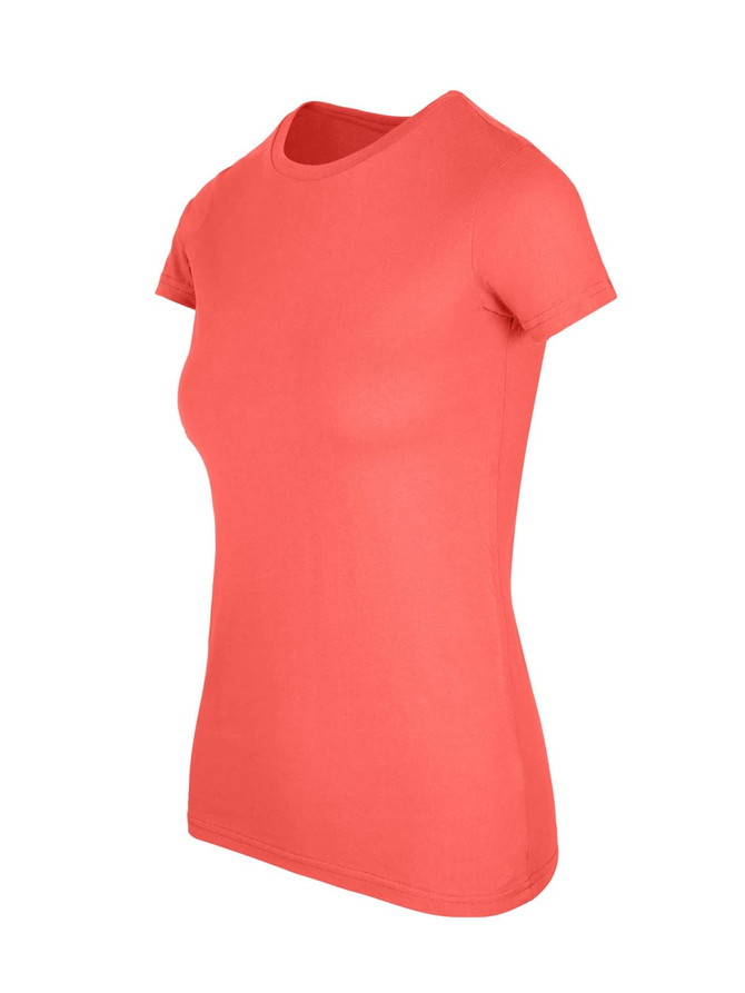 A women's short-sleeve T-shirt in a vibrant coral colour, featuring a fitted design and a round neckline.