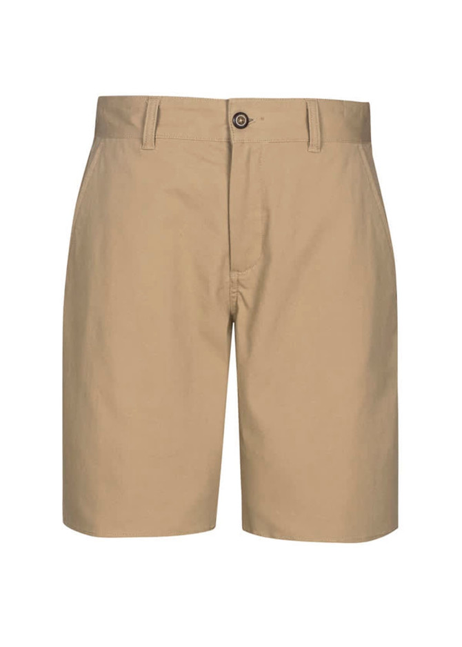 A pair of khaki dress shorts with a button closure and a branded logo on the waistband.
