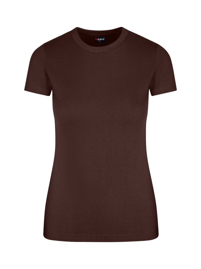 A brown women's slim fit tee with short sleeves and a round neckline. Includes a logo on the inside label.