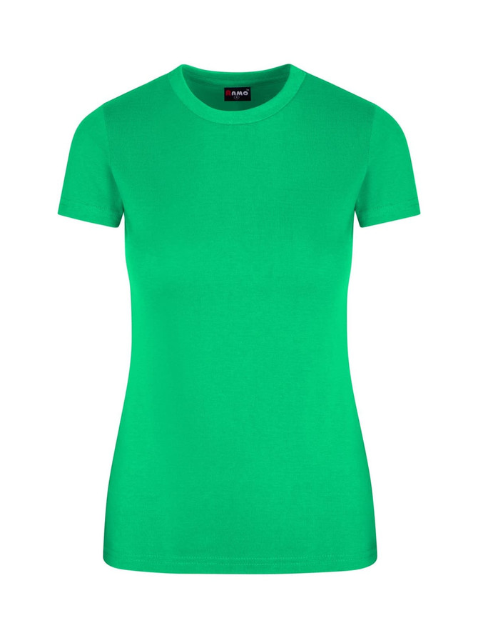 A vibrant green women's slim fit tee with a round neck and short sleeves, featuring a logo on the neckline.