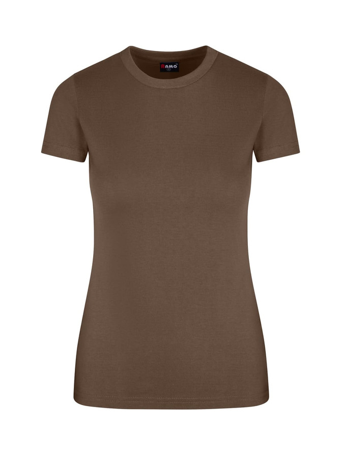 A women's slim fit tee in a brown colour, featuring a rounded neckline and short sleeves. It has a logo on the label.