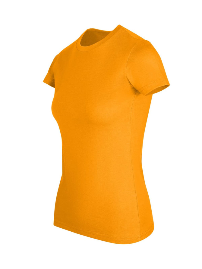 A women's slim fit tee in bright orange, featuring a classic crew neckline and short sleeves. It has a logo on it.