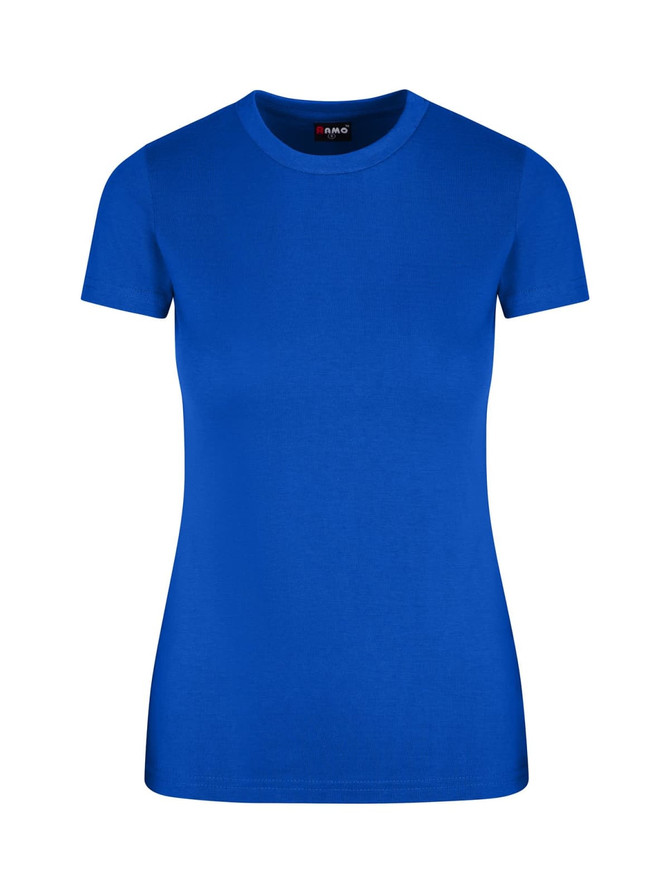 A women's slim fit tee in vibrant blue with a crew neckline and short sleeves. It has a logo on the label.
