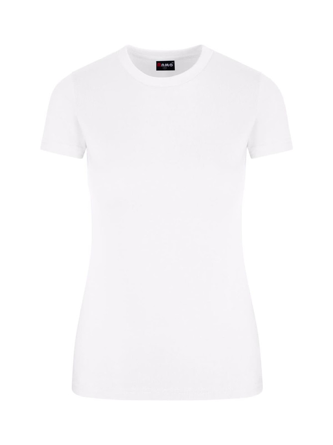 A white women's slim fit tee with short sleeves and a logo on the neckline.