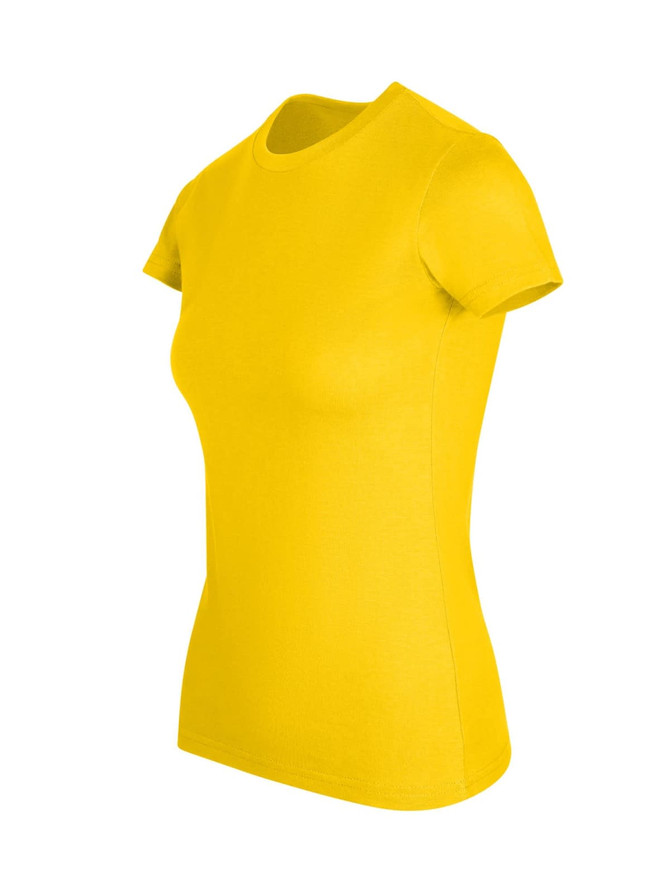 A yellow women's slim fit tee with short sleeves, featuring a logo on the front.