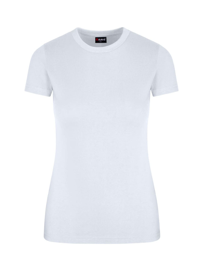 A women's slim fit tee in white, featuring a round neckline and short sleeves. The shirt has a logo on the tag.