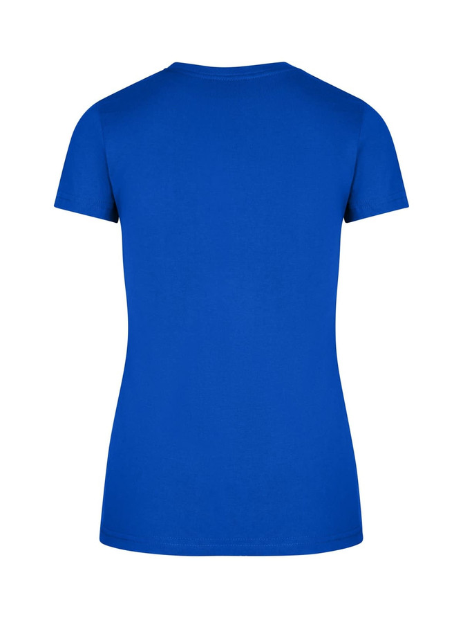 A blue women's slim fit tee featuring short sleeves and a round neckline, with a logo on the back.