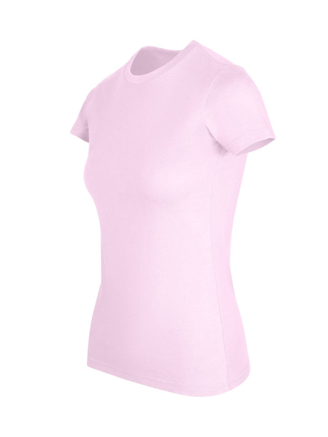 A women's slim fit tee in light pink, featuring a classic round neckline and short sleeves. It has a logo on the side.