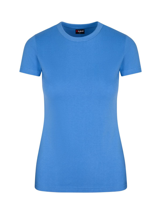 A women's slim fit tee in a vibrant blue colour with a round neckline and short sleeves. It features a logo.