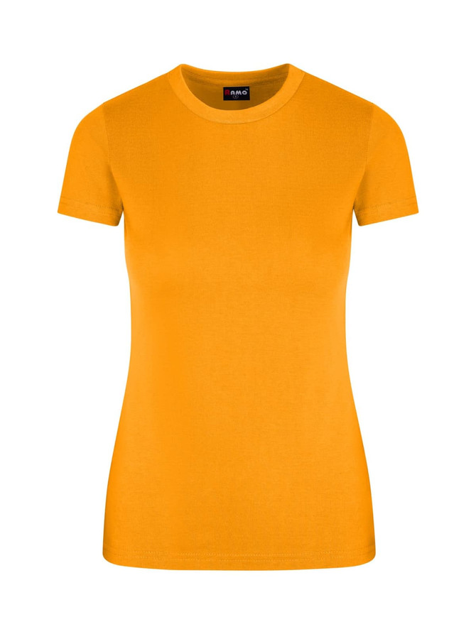 A women's slim fit tee in vibrant orange with short sleeves and a classic round neckline, featuring a logo.
