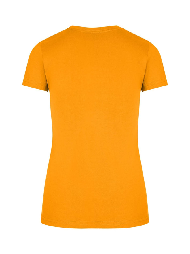 A women's slim fit tee in bright orange, featuring a classic crew neck and short sleeves. The back view is shown.