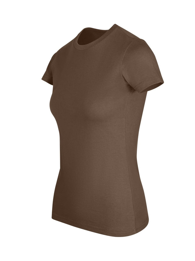 A women's slim fit tee in a rich brown colour with a classic crew neck and short sleeves.