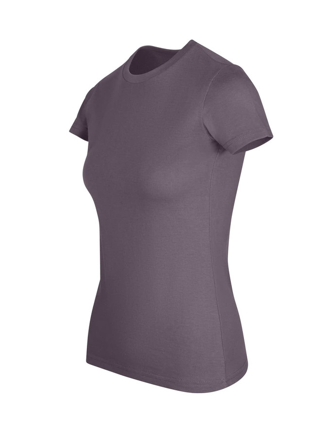 A women's slim fit tee in a solid shade of purple, featuring short sleeves and a round neckline.