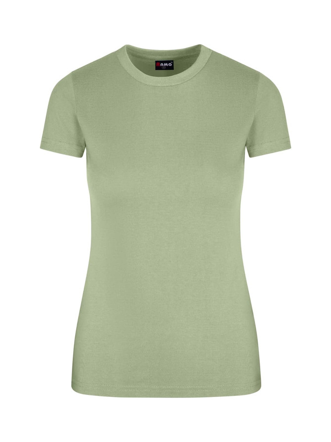 A green women's slim fit tee with short sleeves and a round neckline. It features a logo on the collar area.