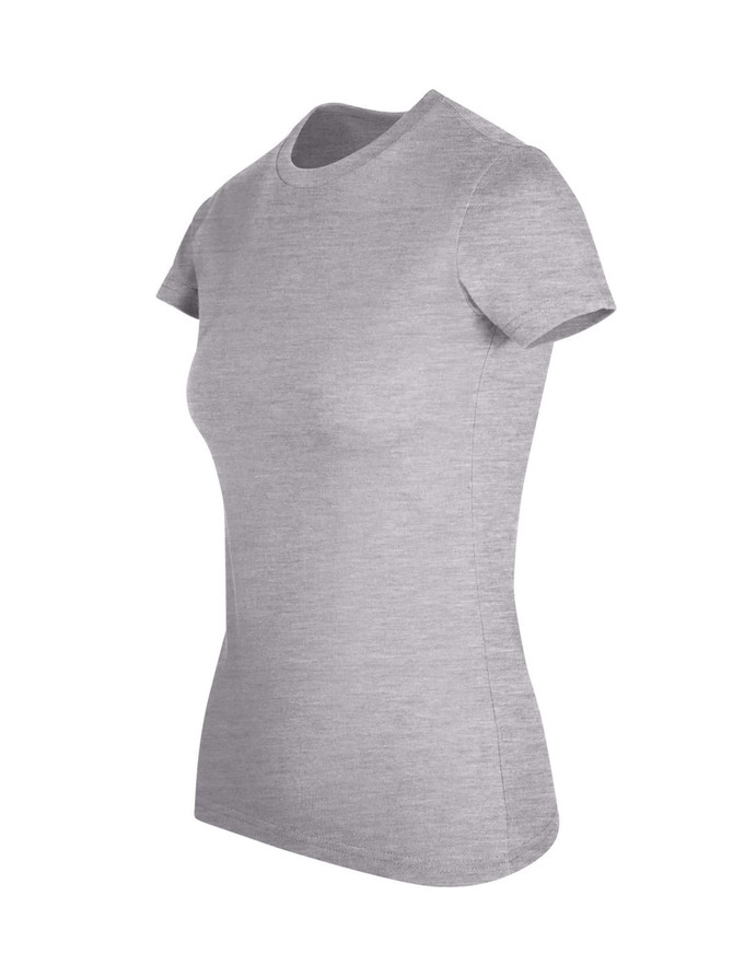 A grey women's slim fit t-shirt with short sleeves and a round neckline. Features a logo on the design.