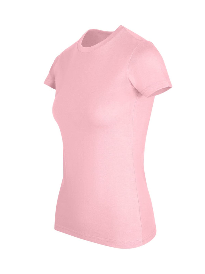 A pink women's slim fit tee with short sleeves and a round neckline, featuring a small logo.