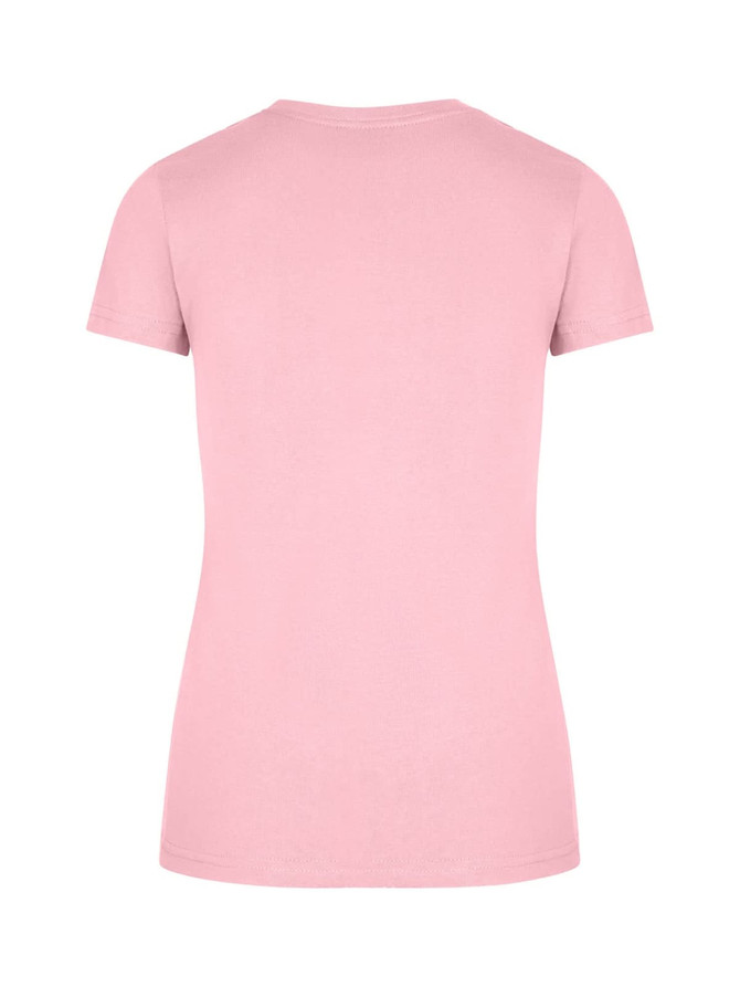 A pink women's slim fit t-shirt featuring a round neckline and short sleeves. The garment has a logo on the back.
