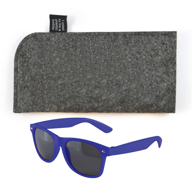 A pair of blue sunglasses accompanied by a gray protective case.