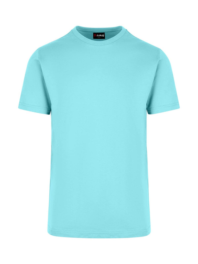 A turquoise unisex t-shirt with a crew neck and short sleeves, featuring a logo on the collar.