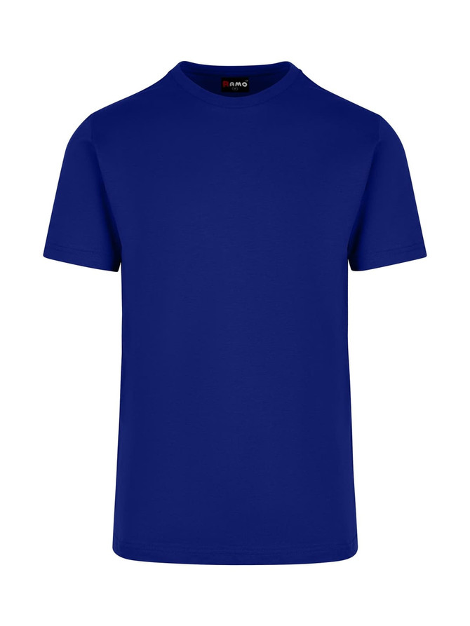 A blue unisex American style t-shirt with a round neckline and short sleeves, featuring a logo on the label.